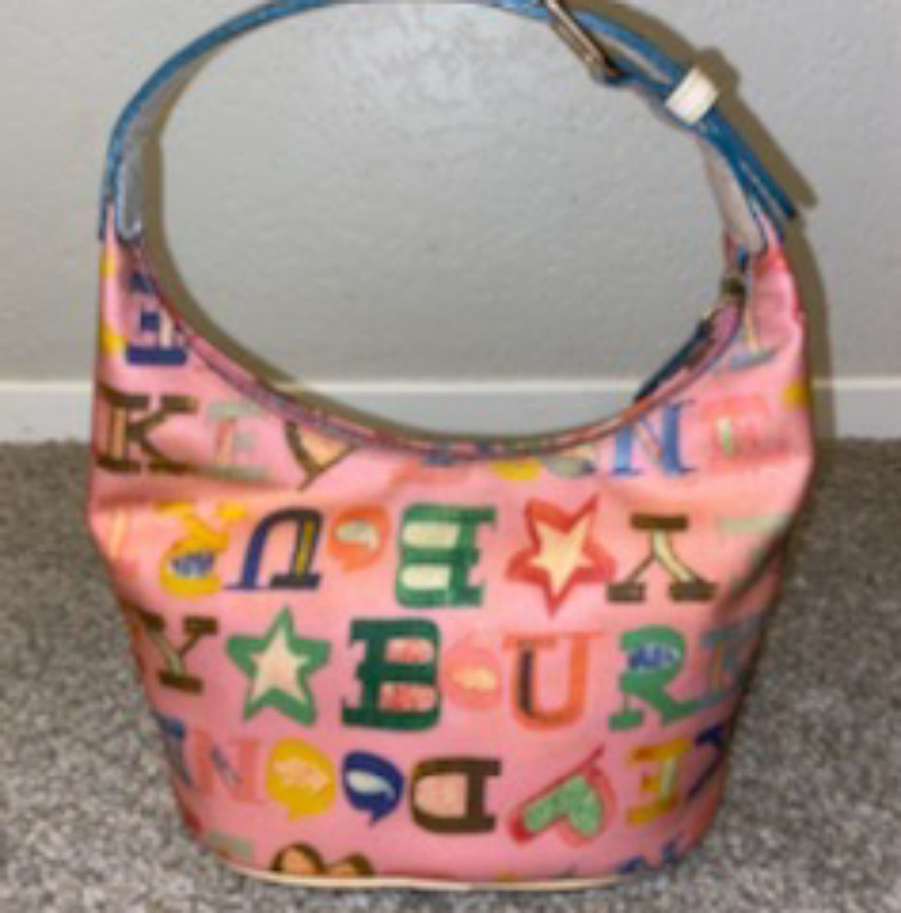 Vtg Dooney & Bourke Signature LOGO CHARM Rainbow Coated Canvas BUCKET Purse/Bag